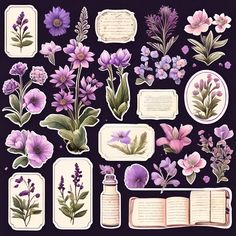 a bunch of flowers and books on a black background