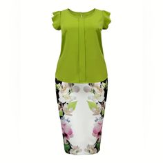 Plus Size Floral Print Two-Piece Set, Crew Neck Ruffle Sleeve Top & Bodycon Skirt Outfits, Women's Plus Size Clothing Chic Short Sleeve Sets With Floral Print, Chic Short Sleeve Floral Print Set, Elegant Floral Print Short Sleeve Sets, Elegant Green Short Sleeve Sets, Chic Short Sleeve Green Set, Chic Green Short Sleeve Set, Bodycon Skirt Outfit, Ruffle Sleeve Top, Fashion Closet