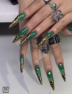 Wicked Nails, Almond Stiletto, Gold Mine, Metallic Nails, Gold Mining, Birthday Nails, Prom Nails