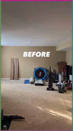 before and after photo of a carpet cleaning company's living room with vacuums on the floor