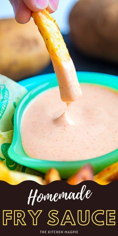 homemade fry sauce in a green bowl being dipped with a tortilla cracker