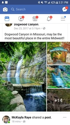 an instagram page with photos and captions on the bottom right hand corner, below is a screenshot of several different waterfalls