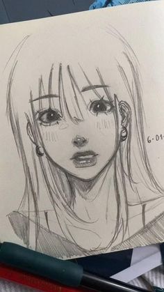 a pencil drawing of a girl with long hair and piercings on her ears, looking to the side