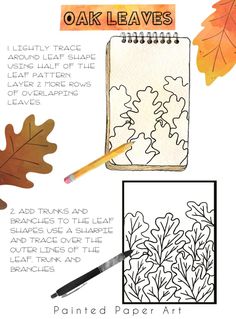 an autumn leaf coloring page with the words, oak leaves and two pencils on it