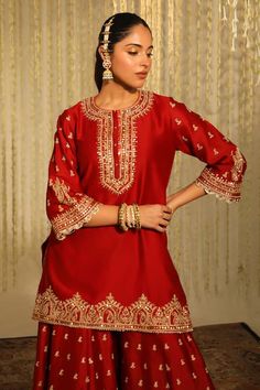 Buy Red Kurta And Sharara Silk Chanderi Embroidered Mishika Paisley Butti Set For Women by Sheetal Batra Online at Aza Fashions. Boutique Design