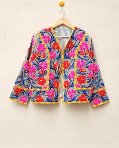 Indian Handmade Suzani Embroidery  Jackets, Coats, Boho , Quilted, For Women`s Jacket Made In India Size - All Size WE INCREASE SIZE MEASURE AND UPDATED Approximately-: Small Size - Chest -38 inch Length- 25 inch Sleeves -23 inch Medium Size - Chest-40 inch Length- 25 inch Sleeves -23 inch Large Size - Chest- 42 Inch Length- 25 inch Sleeves -23 inch XL Size - Chest -44 inch Length - 25 Inch Sleeves - 23 inch XXL Size - Chest -46 inch Length - 25 Inch Sleeves - 23 inch XXXL Size - Chest -48 inch Traditional Nehru Jacket With Embroidered Border For Spring, Embroidered Multicolor Kimono For Winter, Embroidered Multicolor Winter Kimono, Winter Multicolor Embroidered Kimono, Traditional Spring Nehru Jacket With Floral Embroidery, Traditional Nehru Jacket With Floral Embroidery For Spring, Traditional Nehru Jacket With Multicolor Embroidery For Spring, Festive Multicolor Outerwear With Intricate Embroidery, Festive Multicolor Intricately Embroidered Outerwear