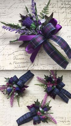 two pictures of purple flowers and green leaves on top of a piece of paper with writing in the background