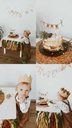 a baby is sitting in front of a cake and wearing a crown on his head