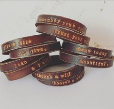 This leather double wrap can be paired with any color of beads. Hand cut, hand stamped, hand dyed and hand worn, this bracelet is made specifically for your wrist and in your style.  Choose any saying you want.  A memory, a song, a saying, kids names, anything!