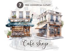 the front and side of a building with an advertisement for cafe shop in watercolor