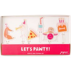 an assortment of magnets that say let's pawty and have different types of food on them