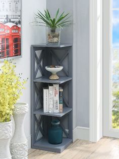 the corner shelf is next to a potted plant