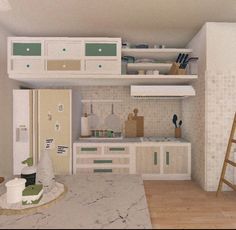 an artist's rendering of a kitchen with white cabinets and green accents on the counters