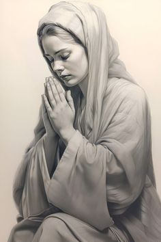 a black and white drawing of a woman praying with her hands clasped in front of her face