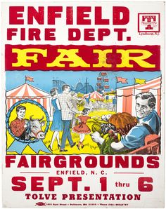 an old poster advertising fairgroundss at the fairground, with people standing around