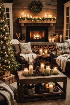 a living room decorated for christmas with candles