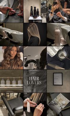 a collage of photos showing different types of hair and beauty products in the salon