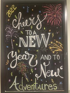 a chalkboard with fireworks and new year's eve written on it