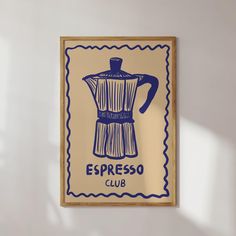 a blue and white coffee maker sign mounted on a wall with the words espresso club