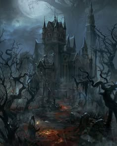 a creepy castle in the middle of a forest with spooky trees around it