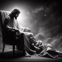 jesus sitting in a chair with his hands on the feet of another person who is laying down