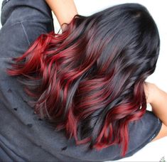 Red And Black Baylage Hair, Red Hair Dye Tips, Red Peekaboo Highlights For Dark Hair, Ends Of Hair Dyed Red, Black Hair With Red Peekaboos, Black Hair Red Balayage, Red And Black Hair Medium Length, Under Hair Color Red, Red Tips On Brown Hair