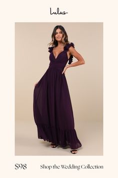 When the cocktails are poured and the music starts playing, you know it's time to slip into the Lulus Soiree Celebration Purple Ruffled Lace-Up Maxi Dress Dress! Airy woven chiffon shapes this romantic gown that has ruffled-adorned straps and a plunging V-neckline, with an open back accented by slender laces. Banded waist has a gathered, crossover design, above a sweeping skirt that falls to a maxi hem. Hidden zipper/clasp at back. Fit: This garment fits true to size. Length: Floor length. Size Maxi Dress Backless, Romantic Gown, Dress Backless, Dress 100, Cup Size, Purple Floral, Dress Codes, Hidden Zipper, Floor Length