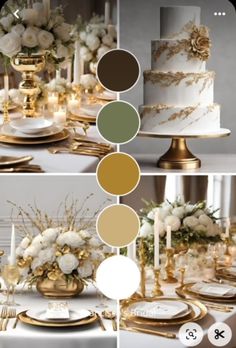 the table is decorated with gold, white and green colors for an elegant wedding reception