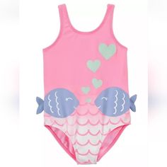 Nwt Carter's Bathing Suit. Pink With 2 Blue Fishes In Front With Hearts. Size 5t. The Tail Of The Fish On Both Sides Is 3d.