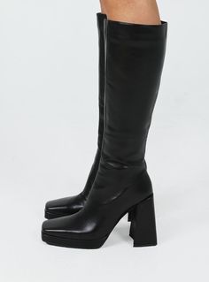 Knee high boots Princess Polly exclusive Upper: 100% PU Lining & insole: 100% spandex Outsole: 100% TPR Faux matte leather Platform base Squared toe Thick flared heel Zip fastening at side Heel height: 11cm / 4.33in