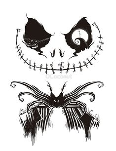 the jack and sally faces are drawn in black on white paper, as well as an image