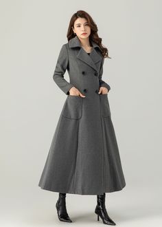 "FEATURES 50% wool, 50% wool blend Fully liner with polyester (plaid lining) Two pockets Lapel collar Long sleeve Button closure in front Double breasted coat For Winter, Autumn Long wool coat dry clean ★★Mode size Height 170cm (5′ 7″)  Bust 84 cm (33\")  Waist 66 cm (26\")  She wears size XS. ★★Bespoke Order Service If you Request other color Request the length Your height is not between 155 cm- 175 cm Your weight is not between 47 kg -77 kg I can do it for you, It will need some extra fee depe Gray Long Pea Coat For Winter, Gray Pea Coat With Buttons For Winter, Gray Wool Coat With Lapel Collar For Winter, Long Gray Outerwear With Pockets, Gray Long Outerwear With Pockets, Fitted Gray Winter Pea Coat, Gray Fitted Winter Pea Coat, Fitted Gray Pea Coat For Winter, Gray Pea Coat With Pockets For Cold Weather