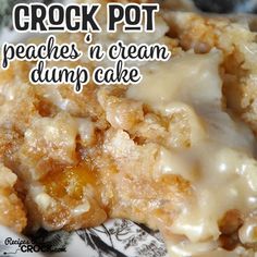 crock pot peaches'n cream dump cake on a white and black plate