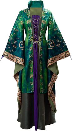 a woman wearing a green and purple dress with an elaborate design on the sleeves,