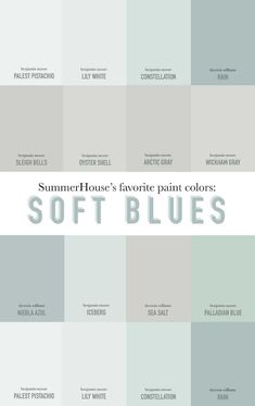 the words summer house favorite paint colors soft blues are in white, blue and gray