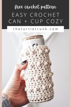 Photo shows a hand holding up a can with a crochet cozy on it. Crochet pattern is the Picot Beverage Holder by The Turtle Trunk. Quick Diy Crochet Gifts, Crochet Seltzer Cozy, Crochet Cylinder Pattern, Can Coozie Crochet Pattern, Crochet Slim Can Cozy Free Pattern, Crochet Iced Coffee Cozy Pattern Free, Drink Cozy Crochet Pattern, Crochet Iced Coffee Cozy Pattern, Crochet Can Cozy Free Pattern