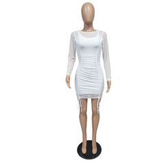 White Mesh Pleated Long Sleeve 2pcs Bodycon Dress Fitted Long Sleeve Fake Two-piece Dress, Casual Fitted Fake Two-piece Dress, White Sheer Stretch Bodycon Dress, Sheer Spring Bodycon Dress, Spring Sheer Bodycon Dress, Dresses Bodycon, Bodycon Dresses, White Mesh, Women Dresses