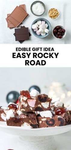 the edible gift idea easy rocky road is made with chocolate, marshmallows and cherries