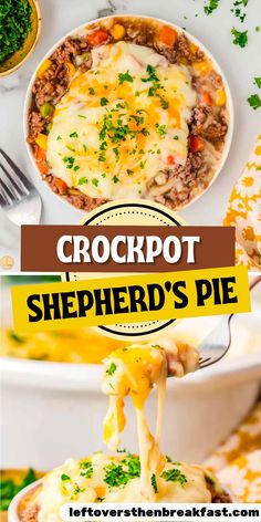 the crockpot shepherd's pie is being lifted with a fork