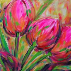 a painting of pink flowers with green stems