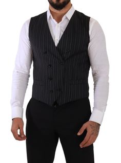 Immerse in the epitome of sophistication with this exquisite double-breasted dress vest from the renowned fashion house of Dolce & Gabbana. Perfect for formal events, this piece combines luxury with timeless style, featuring a charming black and gray striped pattern that makes a statement. Crafted in Italy, the quality of this vest is apparent in its attention to detail and luxurious blend of materials, ensuring comfort with an elegant silhouette. Color: Black and Gray Material: 42% Virgin Wool, Dress Suit Vest, Dolce Gabbana Jacket, Double Breasted Dress, Formal Vest, Double Breasted Waistcoat, Waistcoat Men, Dress Vest, Dolce And Gabbana Blue, Dress Suit