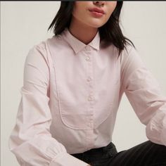 Cute Works Shirt Feminine Long Sleeve Cotton Shirt, Feminine Cotton Collared Shirt, Classic Pink Everyday Tops, Classic Pink Tops For Everyday, Feminine Long Sleeve Tops For Everyday, Feminine Cotton Shirt For Workwear, Feminine Cotton Collared Tops, Pink Cotton Office Top, Tuxedo Shirt