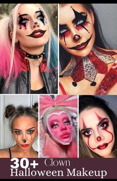 Make Your Own Clown Costume, Women Halloween Face Paint, Womens Halloween Face Makeup, How To Do Clown Makeup Easy, Scary Clown Women Costume, Diy Women’s Clown Costume, Carnevil Clown Makeup, Kid Scary Clown Makeup, Circus Misfit Makeup