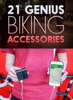 a person holding a cell phone and an electronic device with the text 21 genius biking accessories