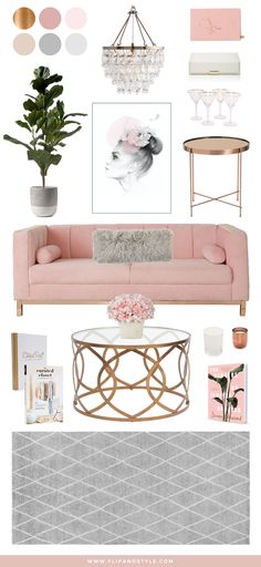 a living room with pink and gold accents