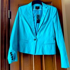 Turquoise Worthington Suit Jacket, Size 8, New With Tags Turquoise Long Sleeve Outerwear For Spring, Turquoise Outerwear For Work In Fall, Turquoise Long Sleeve Outerwear For Work, Fitted Turquoise Outerwear For Winter, Linen Blazers Women, Light Blue Blazer, Plaid Suit Jacket, Cape Blazer, Petite Blazer