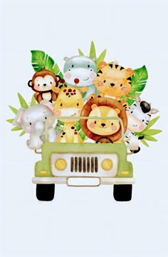 a car filled with lots of animals sitting on top of it's roof in front of a white background