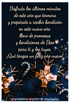 the words are written in spanish on a black background with gold stars and bows, surrounded by blue tinsels