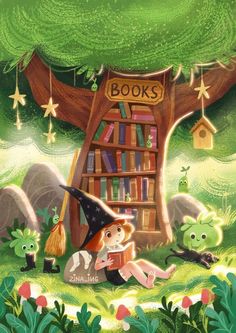 an image of children's book illustration with bookshelves and plants in the background