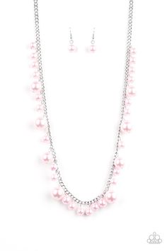 a necklace and earring set with pink pearls on a silver chain, hanging from a white background